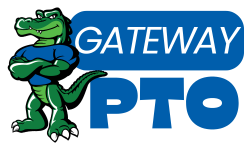 a photo of the gateway pointe gator standing with arms crossed and display text Gateway PTO